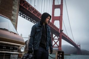 Paul Rudd, as "Ant-Man," next to San Fransisco's Golden Bridge 