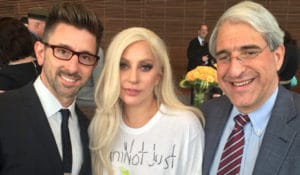 Lady Gaga with President Peter Salovey, right, and Marc Brackett, director of the Yale Center for Emotional Intelligence, at the Emotion Revolution summit held at the Yale School of Management Oct. 24th.