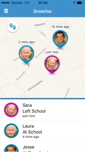 View of Snowfox's iPhone APP where you can track your kids' locations.